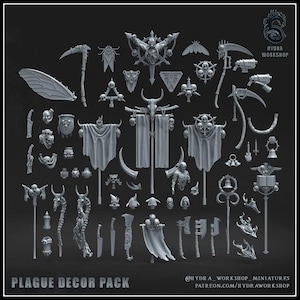May include: A collection of gray miniature decorative pieces, including skulls, banners, weapons, and insect-like wings. The text "PLAGUE DECOR PACK" is at the bottom. The Hydra Workshop logo is in the upper right corner.