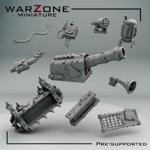 May include: A collection of grey resin miniature parts for a tabletop game, including a large cannon, a spiked barricade, a metal grate, a mechanical tank, a spotlight, a speaker, a control box, and a tentacle-like cable, labeled WARZONE MINIATURE.