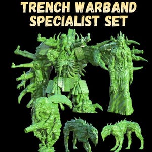 Pode incluir: Miniaturas de plástico verde de um Trench Warband Specialist Set. O conjunto inclui uma figura grande e fortemente armada, uma figura com vestes e várias figuras menores semelhantes a criaturas. O texto "TRENCH WARBAND SPECIALIST SET" está no topo.