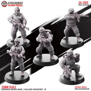 May include: Five miniature figurines of soldiers in combat gear, each mounted on a circular base. The figures are in various action poses, holding rifles. The text "JUL 2025 RELEASE" and "32MM SCALE GERMAN WEIRD WAR | FALCON INFANTRY - B" are visible.