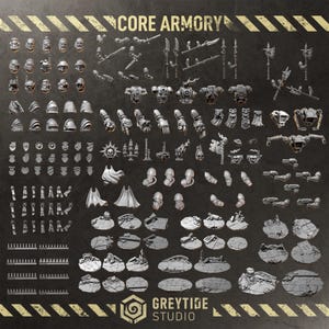 May include: A collection of grey miniature wargaming components labeled CORE ARMORY and GREYTIDE STUDIO. The set includes various heads, shoulder pads, weapons, capes, torso pieces, arms, shields, and textured circular bases for assembly.