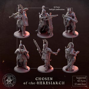 Puede incluir: Seis figuras en miniatura grises de guerreros, cada una posando de forma diferente y empuñando armas. Las figuras están sobre bases circulares. El texto "CHOSEN of the HERESIARCH" está en la parte inferior, con más información.
