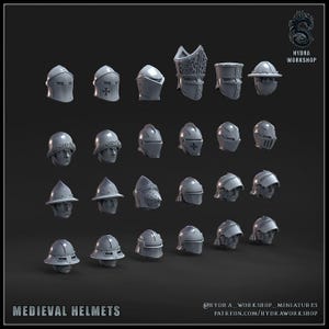 May include: A collection of gray medieval helmets, each with unique designs and details. The helmets vary in style, including closed helmets, open-faced helmets, and those with decorative elements. The image includes the text "MEDIEVAL HELMETS" at the bottom.