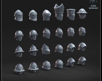 May include: A collection of gray medieval helmets, each with unique designs and details. The helmets vary in style, including closed helmets, open-faced helmets, and those with decorative elements. The image includes the text "MEDIEVAL HELMETS" at the bottom.