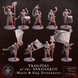 May include: A set of nine grey miniature soldier figurines titled Troopers of the Heresiarch Music & Flag Detachment. The figures include drummers, horn players, and flag bearers with detailed armour, helmets, and weapons on 25 mm bases.