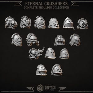May include: A collection of fourteen grey miniature shoulder pads labeled ETERNAL CRUSADERS COMPLETE SHOULDER COLLECTION. Each piece features distinct sculpted details including skulls, crosses, chains, and fabric drapes, designed for tabletop gaming figures.