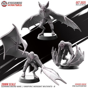 Könnte beinhalten: Drei graue, vorgestützte Miniaturfiguren von Vampir-Werfledermaus-Mutanten aus der German Weird War-Serie. Die Figuren befinden sich in dynamischen Posen mit ausgestreckten Flügeln. Der Text auf dem Bild lautet "OCT 2025 RELEASE" und "28MM SCALE".