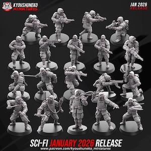 May include: A selection of grey sci-fi miniature figures in dynamic poses, each with weapons. The figures are mounted on black circular bases. The image includes the text "SCI-FI JANUARY 2026 RELEASE" at the bottom.