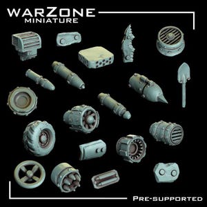 Könnte beinhalten: Eine Sammlung hellgrüner Miniatur-Resinteile für den Modellbau, darunter mechanische Komponenten, Räder, Turbinen, eine Schaufel und Trümmerteile. Der Text WARZONE MINIATURE und PRE-SUPPORTED ist in den Ecken zu sehen.