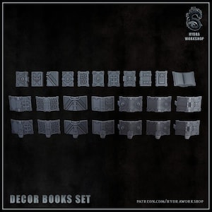 May include: A collection of miniature grey resin books featuring various embossed covers, including skulls, eyes, and geometric patterns. The set includes closed books, open books, and books with hands emerging from the pages, arranged in three rows.