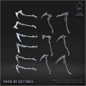 May include: A collection of eleven grey miniature scythes and axes with mechanical details and curved blades. The image includes the text "PACK OF SCYTHES" and "HYDRA WORKSHOP" with social media handles. Each weapon features a distinct handle design.