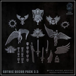 May include: A collection of grey miniature resin components including winged figures, swords, shields, chalices, and decorative emblems. The set is labelled GOTHIC DECOR PACK 3.5 and features the Hydra Workshop logo and social media handles in the corners.