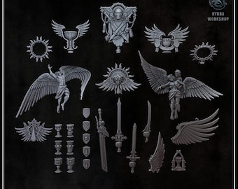 May include: A collection of grey miniature resin components including winged figures, swords, shields, chalices, and decorative emblems. The set is labeled GOTHIC DECOR PACK 3.5 and features the Hydra Workshop logo and social media handles in the corners.