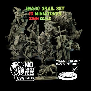Può includere: Un set di 13 miniature fantasy color verde chiaro non dipinte in scala 32mm etichettate IMAGO GRAIL SET. La collezione include varie figure corazzate, una grande creatura e un mostro a molte zampe. Le basi magnetiche sono incluse nel set.