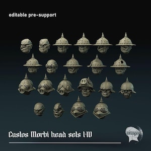 May include: A collection of 3D-printed Custos Morbi head sets I-IV, featuring various helmet designs with spikes and skull-like faces. The image includes the text "editable pre-support" and the logo of "imago".
