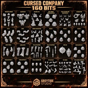 Può includere: Una collezione di 160 pezzi di gioco in miniatura in resina grigia intitolata Cursed Company di Greytide Studio. Il set include vari componenti come armature antiche, zaini, basi, spallacci, armi, scudi, teschi e teste di personaggi.