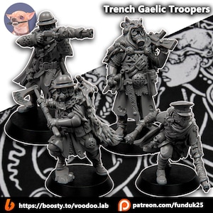 May include: Four gray miniature figures of Trench Gaelic Troopers. Each figure is detailed with helmets, gas masks, and weaponry, including rifles and axes. The figures are mounted on black bases, with a decorative background.