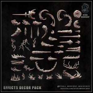 Pode incluir: Uma coleção de peças de decoração em miniatura brancas com tema de fantasia. O conjunto inclui várias formas, como raios, linhas curvas e desenhos em forma de chama. O texto "EFFECTS DECOR PACK" está na parte inferior.