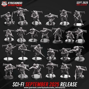 Könnte beinhalten: Eine Sammlung von Miniatur-Sci-Fi-Soldatenfiguren, jede mit Waffen und Jetpacks posiert. Die Figuren stehen auf kreisförmigen Sockeln. Der Text "SCI-FI SEPTEMBER 2025 RELEASE" ist unten mit der Website-Adresse zu sehen.