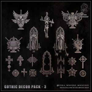 May include: A collection of grey miniature resin components featuring gothic motifs including skeletons, crosses, shields, arched windows, and swords. The text GOTHIC DECOR PACK - 3, HYDRA WORKSHOP, and social media handles are visible on the dark background.