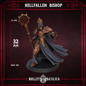 Könnte beinhalten: Miniaturfigur des Hellfallen Bishop, stehend auf einem schwarzen Sockel. Die Figur ist 3,2 cm hoch und hat goldene Rüstung, einen dunkelblauen Umhang und einen Stab mit einem stacheligen Kopf. Der Text "HELLFALLEN BISHOP" steht oben.