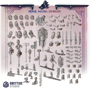 May include: A collection of grey plastic miniature components for the Primal Hounds Expansion by Greytide Studio. The set includes various heads, shoulder pads, weapons, shields, banners, and accessories for tabletop gaming figures.