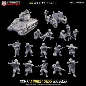 May include: A selection of grey miniature figurines representing US Marine Corps soldiers and military hardware. The set includes a tank, artillery, and soldiers in various combat positions. The image text reads "US MARINE CORP I" and "SCI-FI AUGUST 2022 RELEASE."