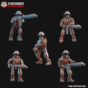 Könnte beinhalten: Fünf braune Miniatur-Roboterfiguren, jede mit einem Maschinengewehr bewaffnet und mit einem Helm. Die Figuren sind in verschiedenen Posen, mit dem Text "PRE-SUPPORTED" unten.