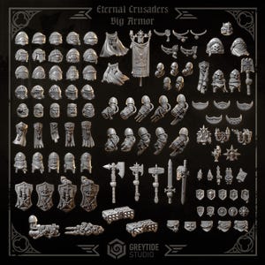 May include: A collection of grey miniature plastic components labeled Eternal Crusaders Big Armor and Greytide Studio. The set includes various helmet designs, shoulder pads, weapon arms, shields, banners, and small decorative armor accessories.