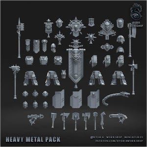 May include: A collection of grey resin miniature parts including armor plates, helmets, weapons, and banners. The set features various skull-themed accessories, axes, and mechanical components. Text on the image reads Hydra Workshop and Heavy Metal Pack.