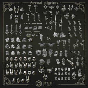May include: A collection of grey miniature plastic parts labeled Eternal pilgrims and Greytide Studio, featuring various helmets, shoulder pads, weapons, shields, and decorative emblems arranged on a dark background for assembly and customization.