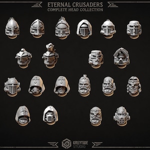 May include: A collection of twenty-two grey miniature resin heads titled Eternal Crusaders Complete Head Collection. The set includes various helmet designs, hooded figures, and unhelmeted bearded faces with detailed features for tabletop gaming.
