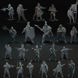 May include: A selection of grey miniature figurines depicting soldiers and historical figures. The figurines are in various poses, some holding weapons such as rifles, swords, and axes. Some figures are wearing armour and helmets, while others are dressed in more ornate clothing.