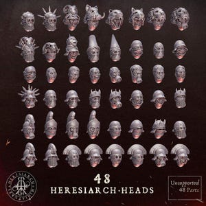 Peut inclure: Un ensemble de 48 têtes miniatures en résine grise présentant divers designs, notamment des crânes, des casques, des masques à gaz et des coiffes d'animaux. Le texte 48 HERESIARCH HEADS et Unsupported 48 Parts est imprimé en bas.