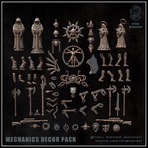 May include: A collection of bronze-colored miniature components including hooded figures, mechanical limbs, gear-shaped icons, weapons, and rifles. The set features the text Mechanics Decor Pack and Hydra Workshop with social media handles.