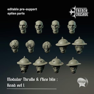 May include: A collection of gray, modular miniature heads and helmets. The image includes various head designs, including human-like faces and insectoid features. Text at the top reads "editable pre-support option parts." The text at the bottom reads "Modular Thralls & Flies bits: Head set 1."