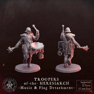 Może przedstawiać: Dwie szare miniaturowe figurki "Troopers of the Heresiarch" z serii "Music & Flag Detachment". Jedna figurka gra na bębnie, a druga trzyma maczugę. Figurki są na podstawie 25 mm i wspierane przez 52 części.