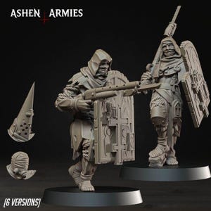 May include: Two unpainted gray resin miniature figures from Ashen Armies, each wearing hooded robes and bandages, holding long rifles and large rectangular shields with cross motifs. Includes two separate head options: a pointed hood and a gas mask.