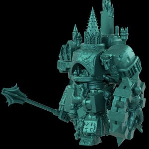 Op de afbeelding: Een tealkleurige miniatuurfiguur van een zwaar gepantserde mech, met sierlijke architectonische details die doen denken aan een kathedraal. De mech houdt een knots met spikes en een schild vast, met ingewikkelde gravures en een gedetailleerd ontwerp.