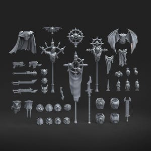 May include: A collection of grey plastic miniature model parts including various weapons, shoulder pads, banners, and decorative icons featuring skull motifs, winged emblems, and spiked designs, all arranged on a plain dark background for assembly.