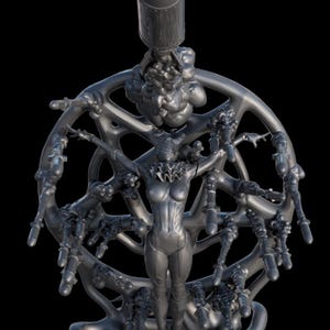 May include: A detailed, metallic sculpture of a female figure with outstretched arms, surrounded by a circular frame and various mechanical elements. The sculpture has a futuristic, sci-fi aesthetic, with a dark background.