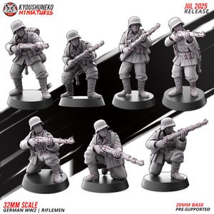 May include: A set of grey miniature German WWII riflemen figures in different poses, including standing and kneeling, each with a rifle. The figures are on black circular bases. Text includes "32MM SCALE" and "GERMAN WW2 | RIFLEMEN".