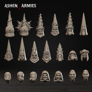May include: A collection of gray miniature figurines, including hooded figures, masks, and heads. Some figures feature crosses, spikes, and skull designs. The text "ASHEN ARMIES" is at the top.