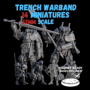 May include: A set of 14 miniature figures, 32mm scale, from the Trench Warband. The figures are grey and feature detailed armour and weaponry. The bases are included and are magnet ready. The text "Trench Warband 14 Miniatures 32MM Scale" is displayed.