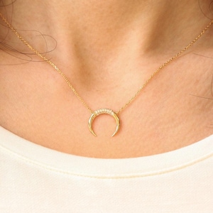 14k Solid Gold Moissanite Crescent Moon Necklace - Dainty Minimalist Pendant