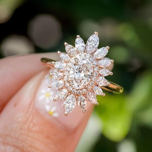 Oval Moissanite Starburst Ring: 14K Gold Sunburst Halo, Antique Style