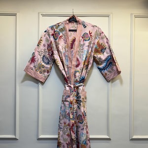 Floral Cotton Kimono Robe: Hand Block Print Dressing Gown