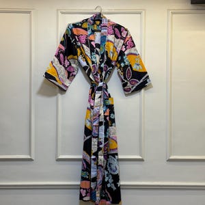 Block Print Cotton Kimono Robe, Boho Bohemian Dressing Gown, 3/4 Sleeve Summer Loungewear