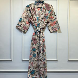 Block Print Cotton Kimono Robe: Handmade Floral Dressing Gown