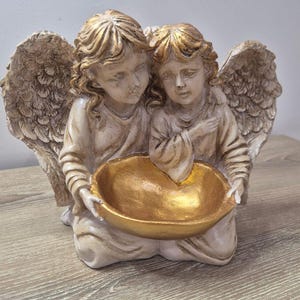 Hand-Painted Angel Statue with Golden Bowl: Religious Home Decor